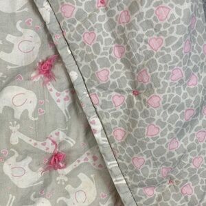 Handmade quilt 40x40” elephants & giraffes Pom poms small throw pastel cottage